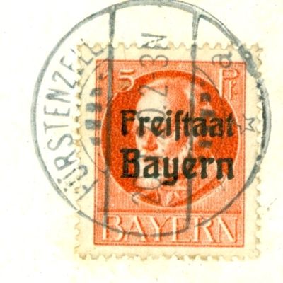 15 Pfennig Briefmarke des Knigreichs Bayern, nach der Absetzung des abgebildeten Monarchen Ludwig III. berstempelt mit "Freistaat Bayern".