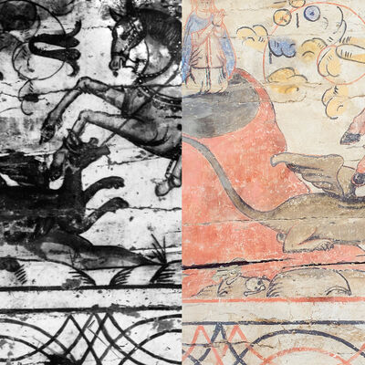 Links ist auf dem Detail der historischen Schwarz-Weiß-Aufnahme von 1936 ein durch seine Beinstellung angriffslustiger Drache zu erkennen. Die rechte Abbildung zeigt im aktuellen Zustand hingegen einen kauernden Drachen.